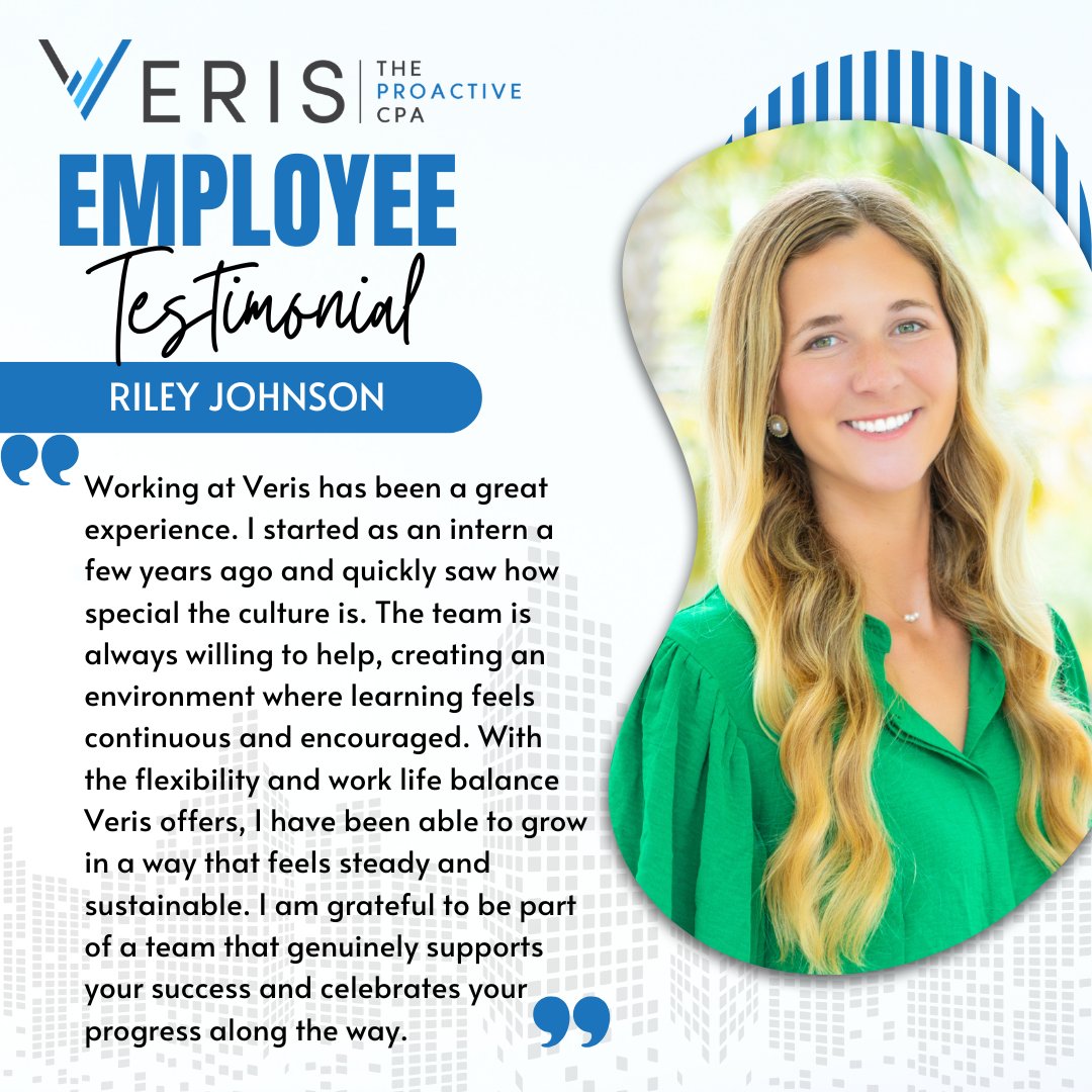 VerisCPA's tweet photo. From starting as an intern to growing into her role, Riley has embraced every opportunity to learn and develop at Veris. Her dedication and positive attitude reflect exactly what our culture is all about.

At Veris, we are proud to support our team members as they grow, and Riley’s journey is a great example of what is possible with the right support and environment.

#TheProactiveCPA #EmployeeSpotlight #VoicesofVeris #VerisCulture