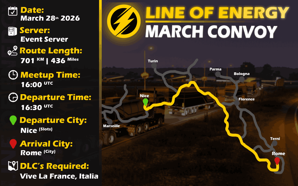 energyvtc's tweet photo. #EnergyVTC | 🚨 Convoy Reminder! 🚨

3 days until our #ETS2 Convoy! 😎

⚠️ Vive la France &amp; Italia DLCs are required!

🔗 Sign up through the #linkinbio

Are you going to attend? Let us know below! 👇

#TruckersMP #Convoy #SCS #SCSSoftware #BestCommunityEver #EuroTruckSimulator2 https://t.co/C5GBr3i7w6