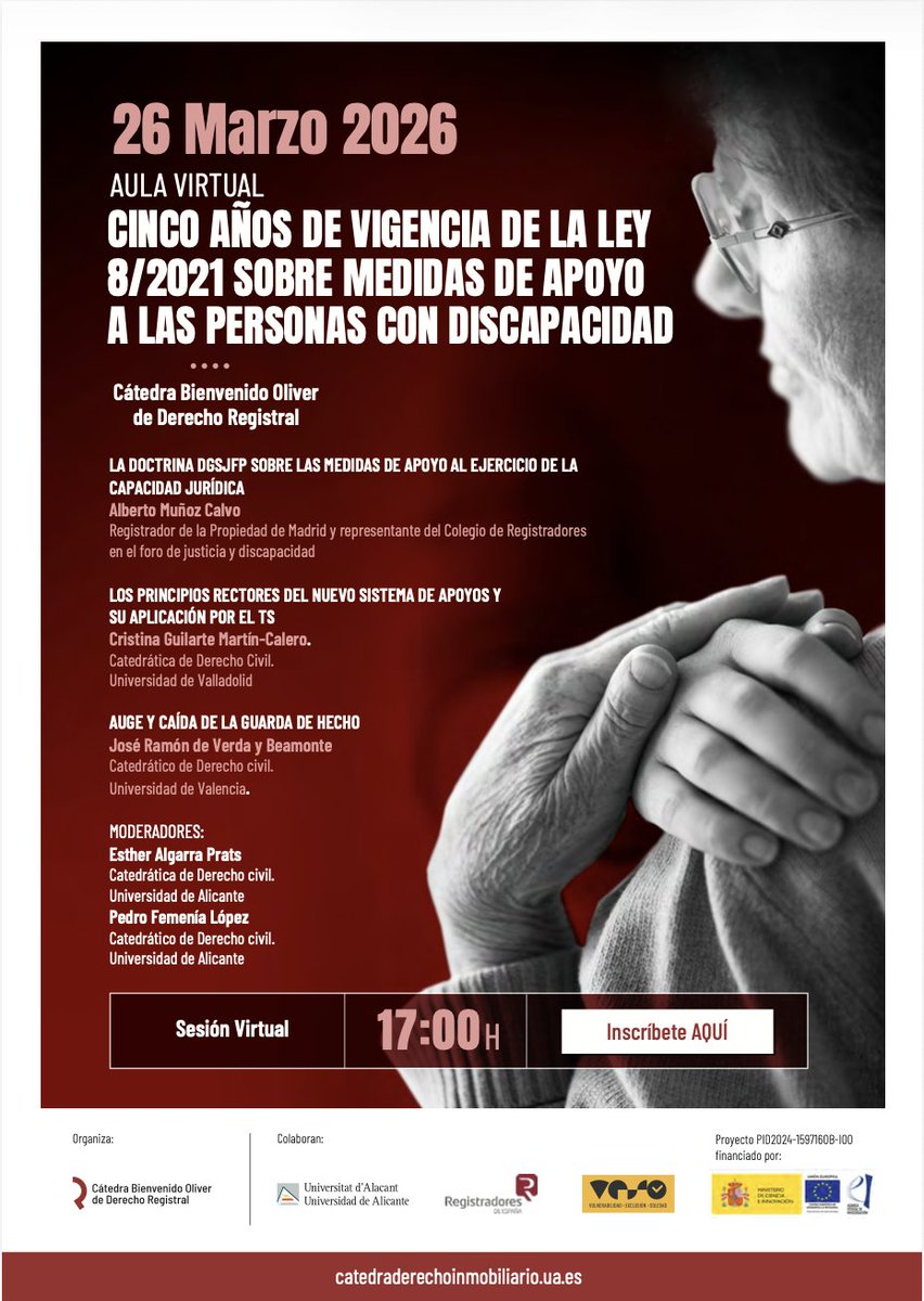 Registrador_es's tweet photo. Con la ponencia "La doctrina de la #DGSJFP sobre las medidas de apoyo al ejercicio de la capacidad jurídica", el registrador de la propiedad Alberto Muñoz Calvo interviene hoy a las 17:00 h. en la tercera sesión virtual del curso "Cinco años de vigencia de la Ley 8/2021 sobre medidas de apoyo a las personas con discapacidad", organizado por la Cátedra Bienvenido Oliver de Derecho Registral
@ambanon4 @RegistradoresCV @UA_Universidad
ℹ️ https://t.co/GxKbQ1ooDh