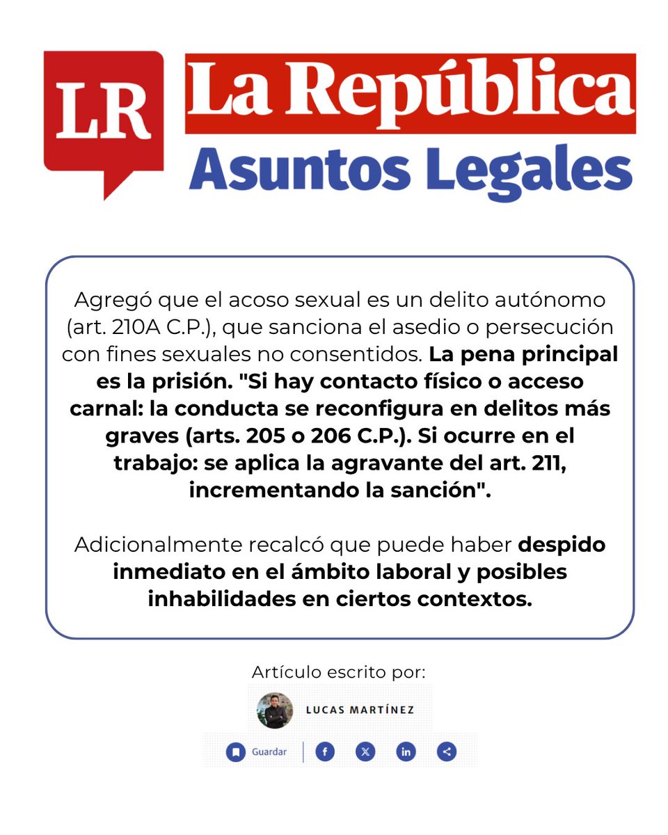 revistacensor's tweet photo. No toda conducta reprochable es delito… pero cuando hay connotación sexual y falta de consentimiento, el derecho penal entra en juego.

El acoso sexual en el trabajo no es un tema menor. Y mucho menos cuando hay abuso de poder.

 ¿Qué debes tener claro?
* El acoso sexual es un delito autónomo
* Puede escalar a conductas más graves si hay contacto físico
* En el entorno laboral, la sanción se agrava
* Puede haber consecuencias penales y laborales inmediatas

 No es solo un problema ético. Es un tema que puede terminar en prisión, despido e inhabilidades.

#DerechoPenal #AcosoLaboral #AcosoSexual #Abogados #Legal #Colombia #FirmaDeAbogados #NavarreteConsultores