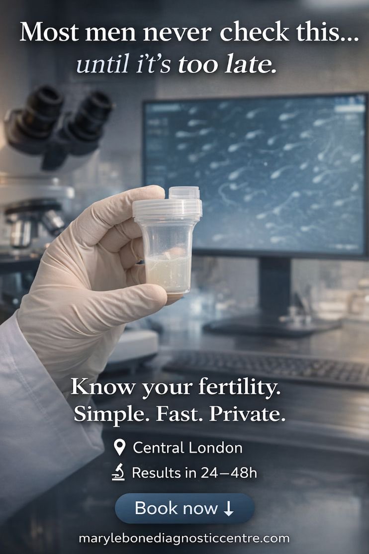 LabMarylebone's tweet photo. Most men don’t realise there’s a problem… until they try for a baby.

The truth is, many fertility issues show no symptoms at all.

A simple semen analysis can give you clarity on:
✔️ Sperm count  
✔️ Movement (motility)  
✔️ Overall fertility health https://t.co/X5vRnzjtyh