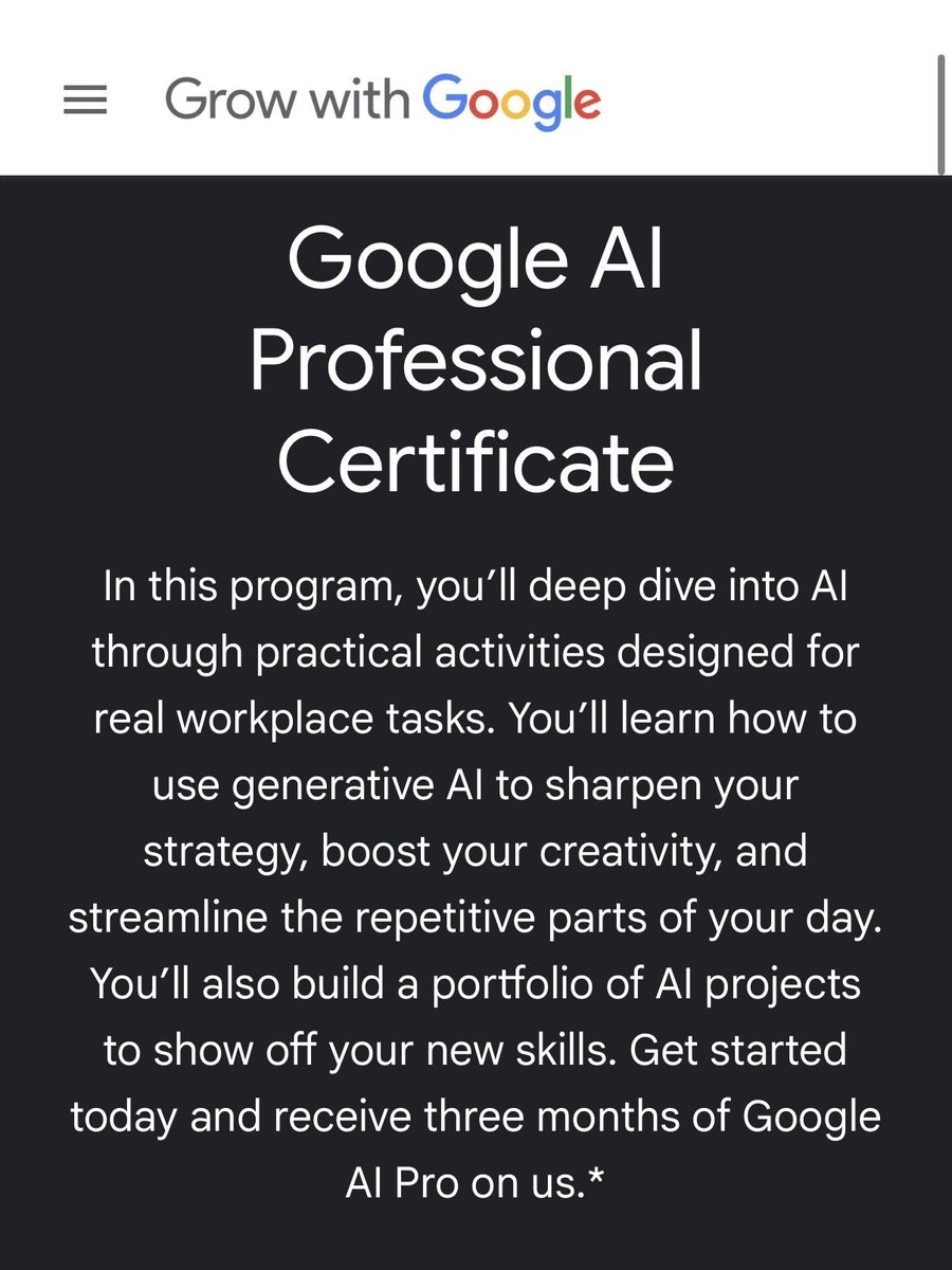 Read this before you scroll past it.

Google dropped a free AI professional certificate and barely anyone knows.

7 courses with 20+ hands-on projects. 

It covers prompting, research, data analysis, content creation, and vibe coding. 

You also get 3 months free of Google AI