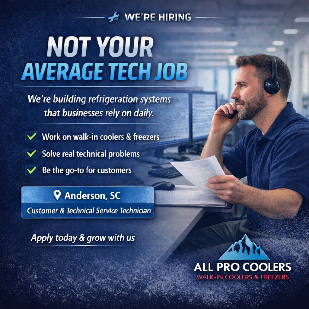 AllCoolers's tweet photo. We’re seeking a skilled Customer &amp; Technical Service Technician in Anderson, SC! If you have experience with refrigeration, walk-in coolers, or HVAC systems, apply now or tag someone who fits! (864) 540-8373 |  https://t.co/r2P0JBAqcc #Hiring #Refrigeration #JobOpportunity https://t.co/ii8ENoT4Sa