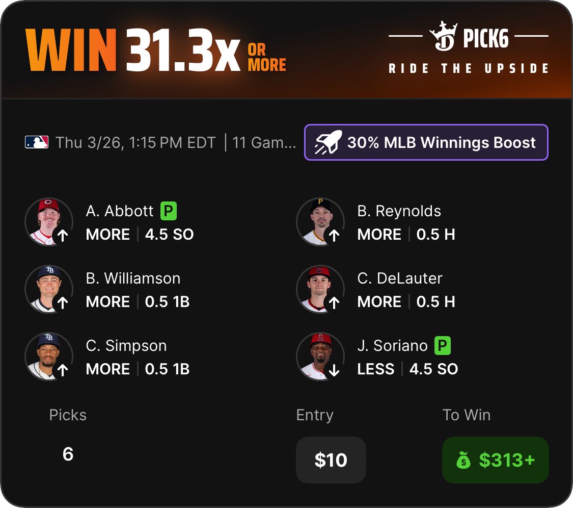 Check out my DraftKings Pick6 Entry! pick6.draftkings.com/?sport=MLB&pic…