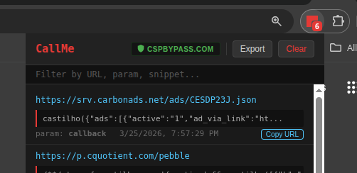 castilho101's tweet photo. In collaboration with @renniepak, I just pushed a new (and probably final) update to the CallMe extension.

Now you're one click away from contributing your passive callback findings to the community, as it lets you export them in the right format and standards to submit to the https://t.co/1UqbKc06Ke repo. Make sure to update!