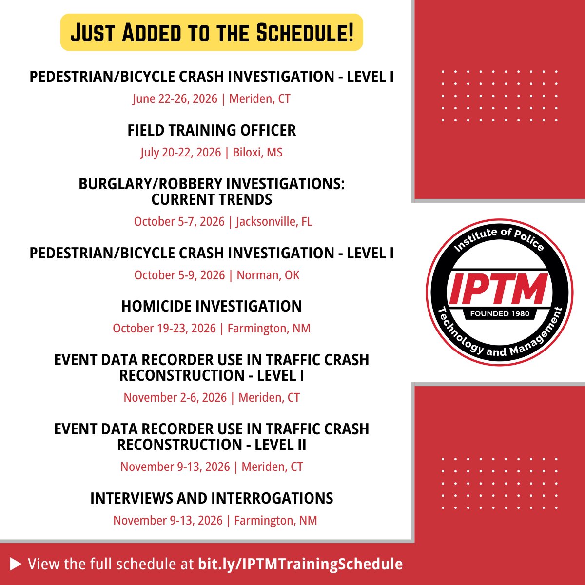 New  training in Connecticut, Florida, Mississippi, New Mexico, and Oklahoma were recently added to the schedule! 

View the latest schedule and course details at  bit.ly/IPTMTrainingSc… 

#IPTMNews #IPTMTraining #PoliceTraining #LawEnforcementTraining