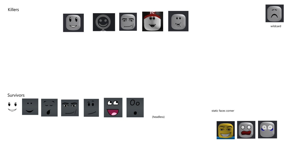 idk why but i had a random idea for an asym game where the survivors are classic faces/static heads and the killers are dynamic heads