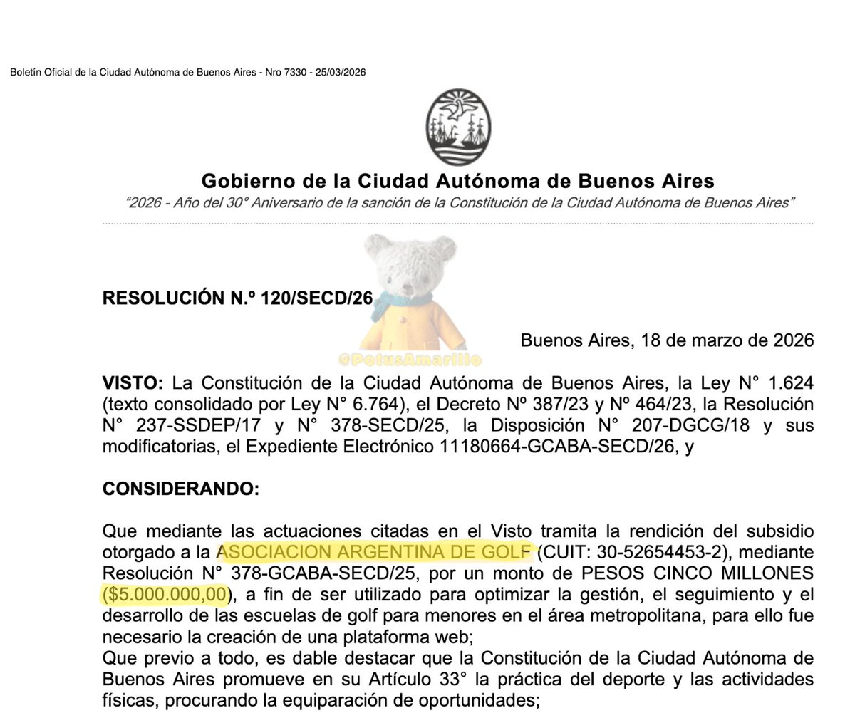 ¿De verdad me vas a decir que ASOCIACIÓN ARGENTINA DE GOLF necesita que el PRO de CABA le de un subsidio de $5.000.000 porque crearon una plataforma web?
¿De verdad me vas a decir que teniendo la cantidad de miembros importantes que tienen no podían sumar donaciones para crear lo