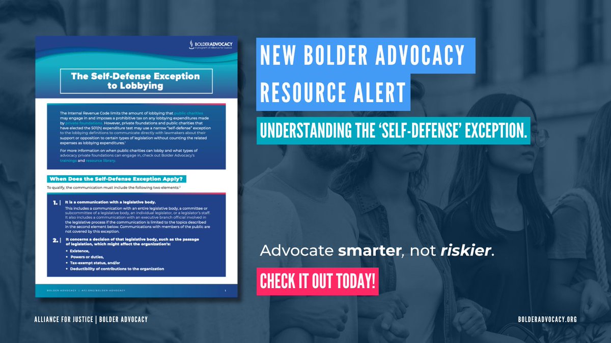 AFJBeBold's tweet photo. Worried about lobbying limits? Our new factsheet breaks down the “self-defense” exception — how nonprofits can speak to lawmakers without it counting as lobbying.

View, share, or download here: https://t.co/C9U6DDxrFV https://t.co/nePBIfnwVH