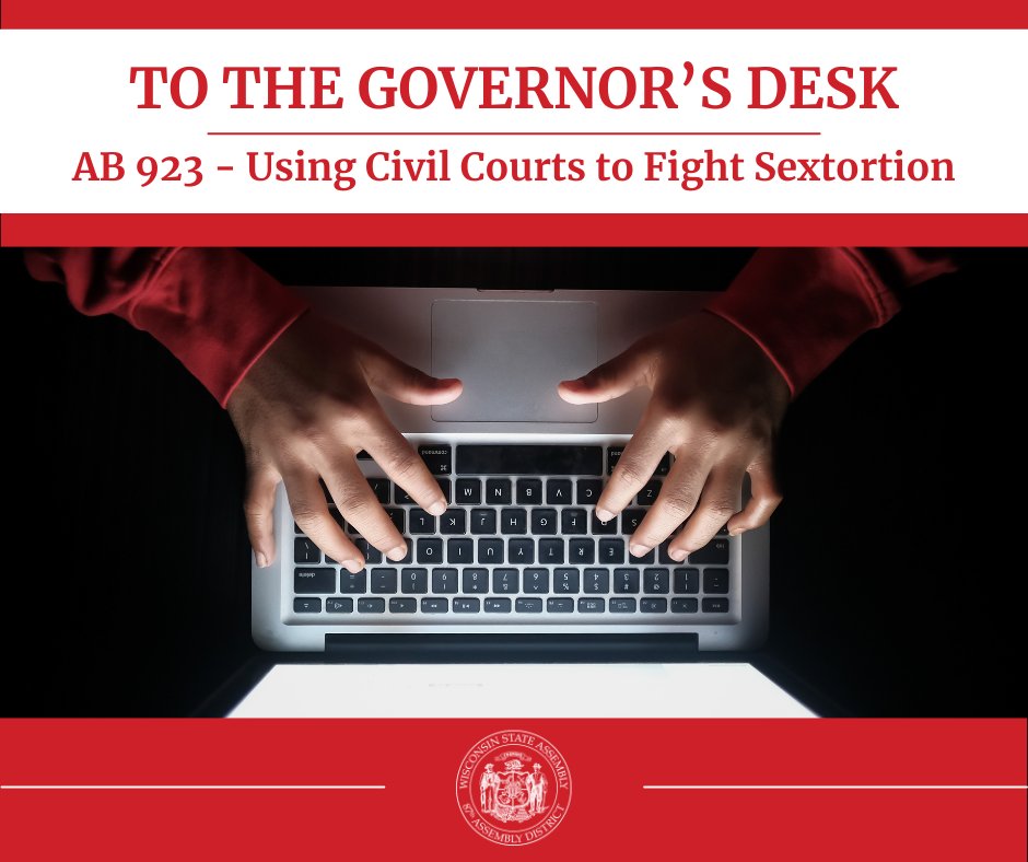 Rep_Jacobson's tweet photo. One step from becoming law!

Last week, the State Senate passed my bill to allow victims of sextortion and their families seek justice by suing the people who targeted them for damages! https://t.co/9YngRvr8nc