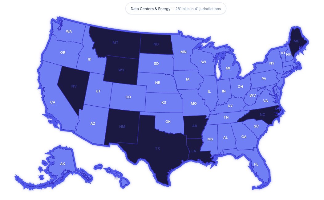 Julian__Fahrer's tweet photo. This year 281 bills have been introduced targeting data centers, in 40 states and federally.

Including 13 bills calling for moratoriums on data center construction https://t.co/p284KXyoEv
