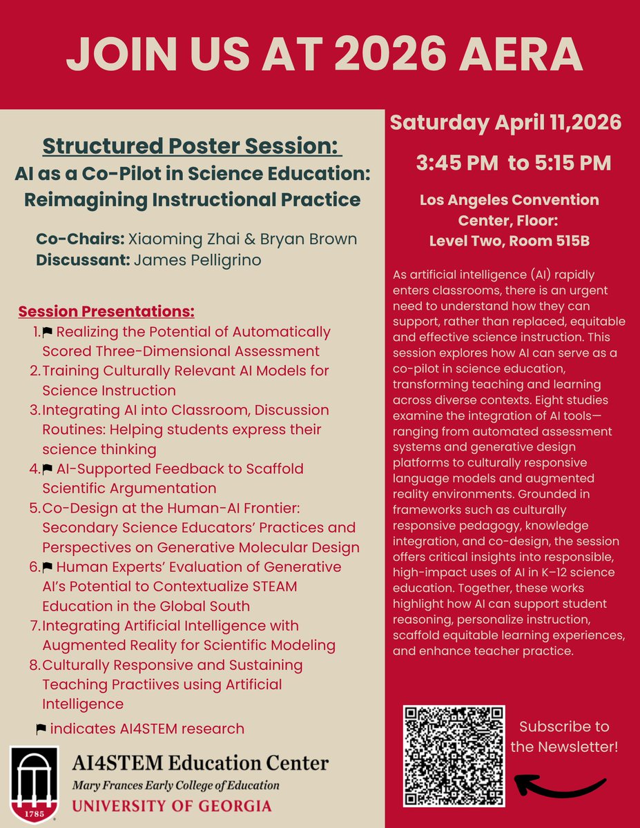 ai4stem's tweet photo. 📣 Join us at #AERA2026 in LA!
@AI4STEM_UGA is presenting 3 sessions on AI in education:
🔹 Multimodal Analytics (Thurs)
🔹 Generative AI in K–12 (Fri)
🔹 AI as a Co-Pilot in Science Ed (Sat)
Come connect &amp; explore the future of AI in learning!
#AIinEducation #AI4STEM #IES https://t.co/GJeyBR6VpS