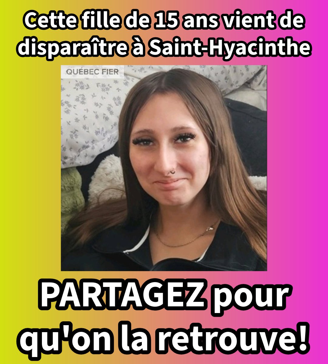 ⚠️ DISPARITION — AIDE DEMANDÉE⚠️

Britany Payette Vachon, 15 ans, de St-Hyacinthe, vue pour la dernière fois le 15 mars à St-Hyacinthe. Elle pourrait se trouver à Longueuil ou Montréal. Ses proches craignent pour sa sécurité.

1,68 m, 45 kg, cheveux bruns, tatouage « 777 » à