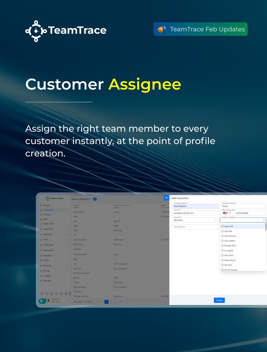 TeamtraceApp's tweet photo. We just made customer ownership unmistakable.

With the new Customer Assignee feature in TeamTrace, every customer profile now has one dedicated team member assigned to it, right from the moment it's created.
#productupdate https://t.co/0kzmhEkuhK
