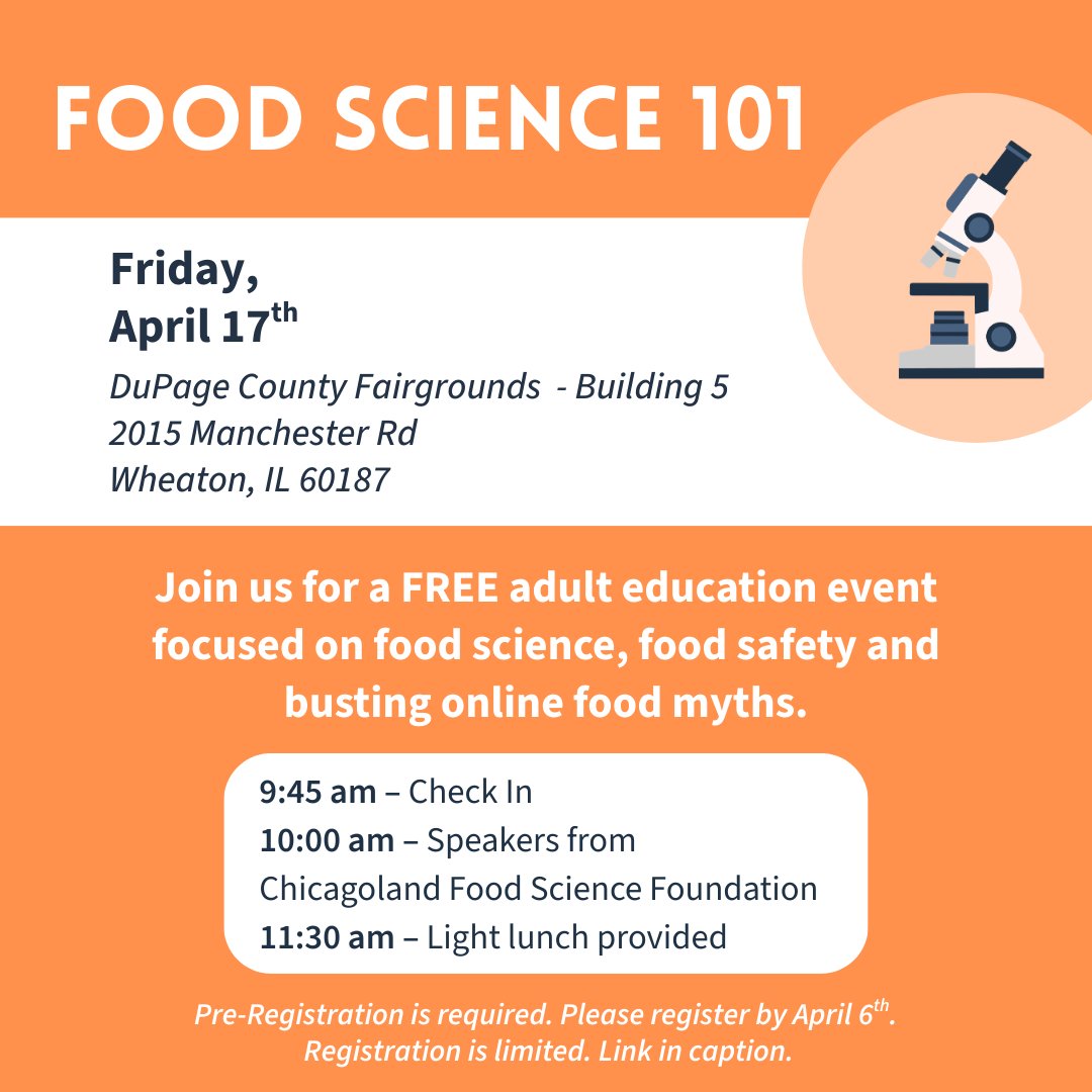 DuPageCFB's tweet photo. Don't miss out! There are still spots available for the Food Science 101 Adult Education Event. It’s going to be a fun, informative, and unique experience you won’t want to miss.

Sign up today!

https://t.co/IoS6wf2ody https://t.co/sfZBrLEBY7