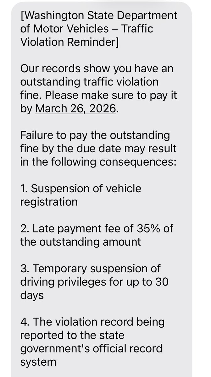 YakimaSheriff's tweet image. Scam Alert
The traffic ticket text message scam is going around again. Lame!
💁 Please delete it and mark it as spam.
💁 Do you have an unpaid traffic ticket? Contact your local district court directly.
💁 The WA DOL does not collect traffic fines.
#Scam #GoAway #RedFlag #Losers