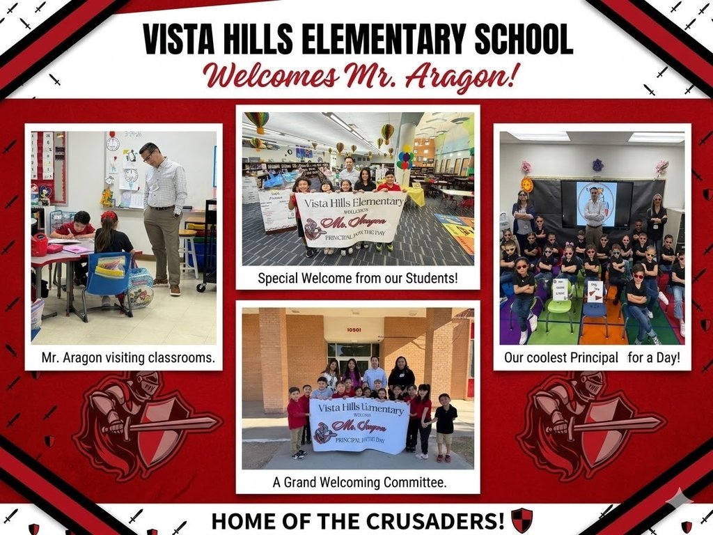 VHESCrusaders's tweet image. Vista Hills Elementary welcomed a special guest, Mr. Aragon, as our Principal for a Day! Our Crusaders had a wonderful time showing him around. Check out these photos from a memorable day of learning and school community! #VistaHillsCrusaders #PrincipalForADay #SchoolFamily