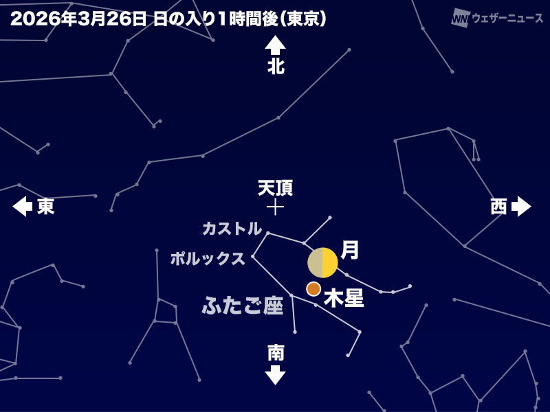 wni_jp's tweet photo. 【今夜、月と木星が接近🌙】
今日3月26日(木)の夕方から27日(金)の未明にかけて、月と木星が接近します。 上弦を過ぎた月と明るい木星の共演です。ふたご座の1等星「ポルックス」や2等星「カストル」とともに輝く様子を見ることができます。
https://t.co/LSgWM4OmI1 https://t.co/8WyEzw903q