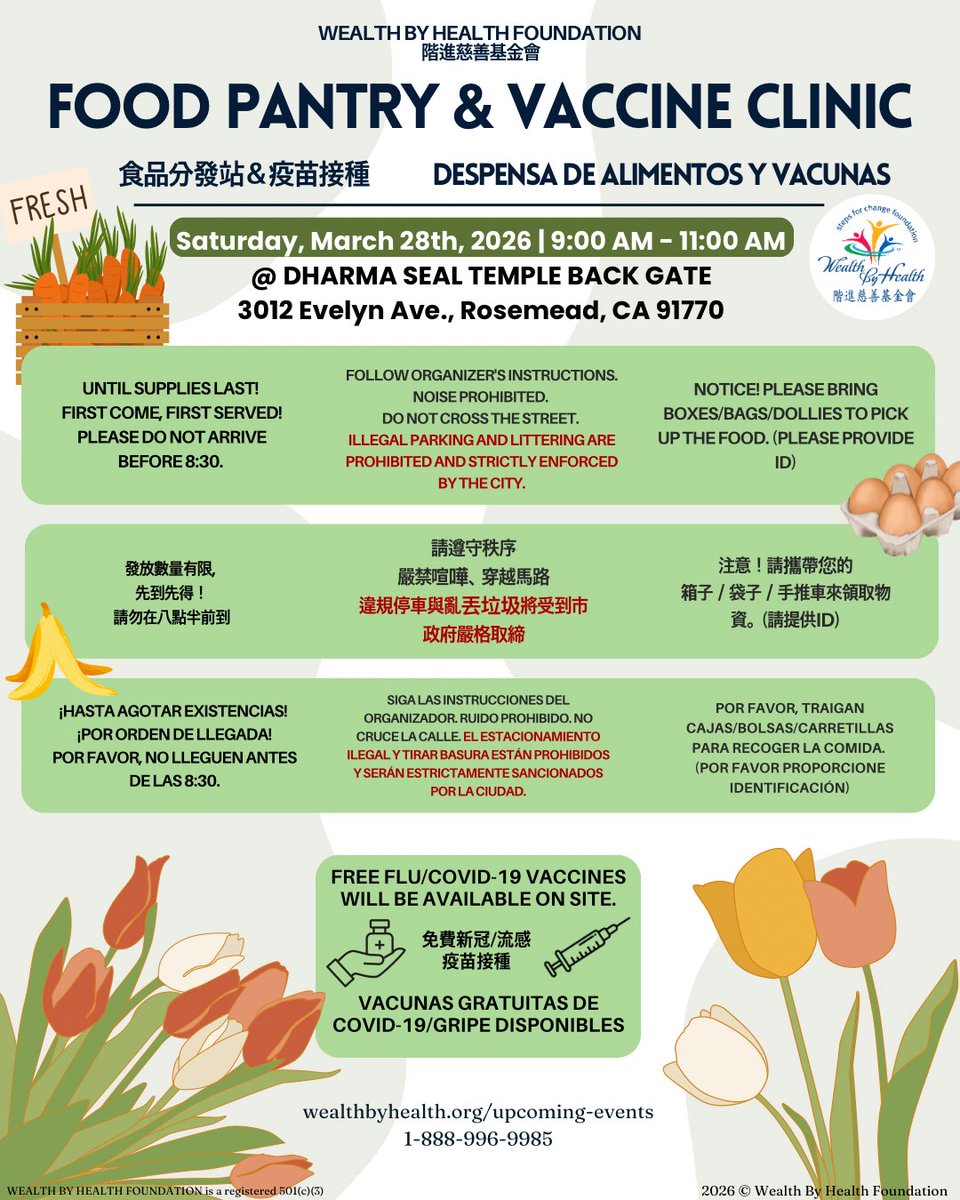 wbh_org's tweet photo. 🌟 Come This Saturday for Free Groceries &amp; Vaccines! 🌟 Everyone in the community is invited!

📅 Date: Saturday, March 28th, 2026
⏰ Time: 9:00 AM – 11:00 AM
📍 Location: Parking Lot
3012 Evelyn Ave., Rosemead, CA 91770

#free #food #vaccine #flu #covid #hunger #health https://t.co/HK0IL6WXWU