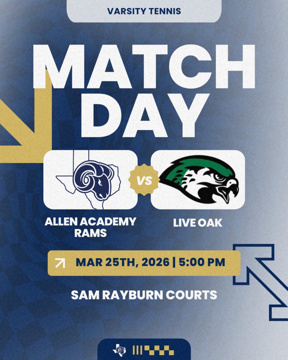 Allen_Athletics's tweet image. It’s match day at home! 🎾

Allen Academy Tennis hosts Live Oak Classical Academy today at Sam Rayburn Tennis Courts. Let’s go, Rams! 💙

🐏 VS Live Oak Classical Academy
🏟️ Sam Rayburn Tennis Courts
🕘 5:00 pm

#ramtough