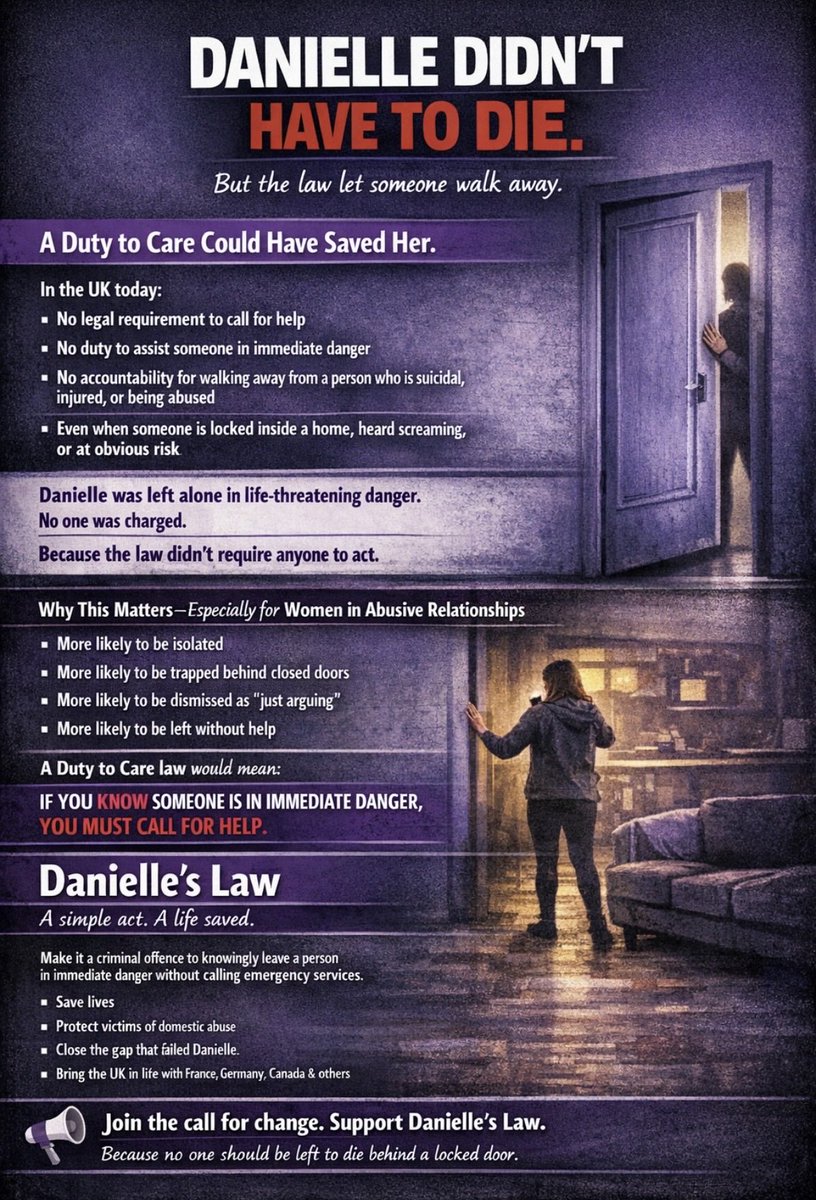 Jaggers45954046's tweet image. The Coroner wanted to charge him with Gross Negligence Manslaughter however in UK law he couldn’t because he didn’t now owe Danielle a Duty of Care. We are campaigning to change that law

petition.parliament.uk/petitions/7505…

@KilledWomennw @KlassMyleene  @OfficialMelB 

#domesticabuse #abuse