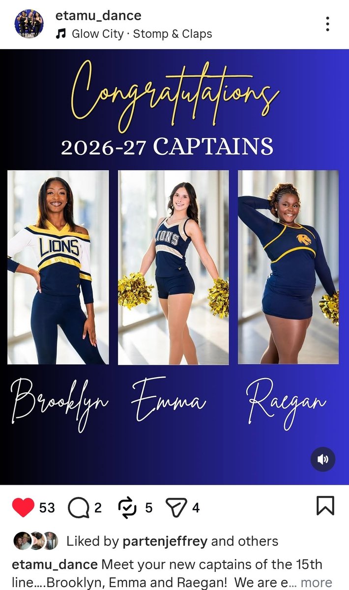 AmyParten32's tweet photo. 2026-27 ETAMU LDT Captains! 💙 Go Lions!! #ETAMU #Dance #GoLions #Captain https://t.co/5lUjfOlded