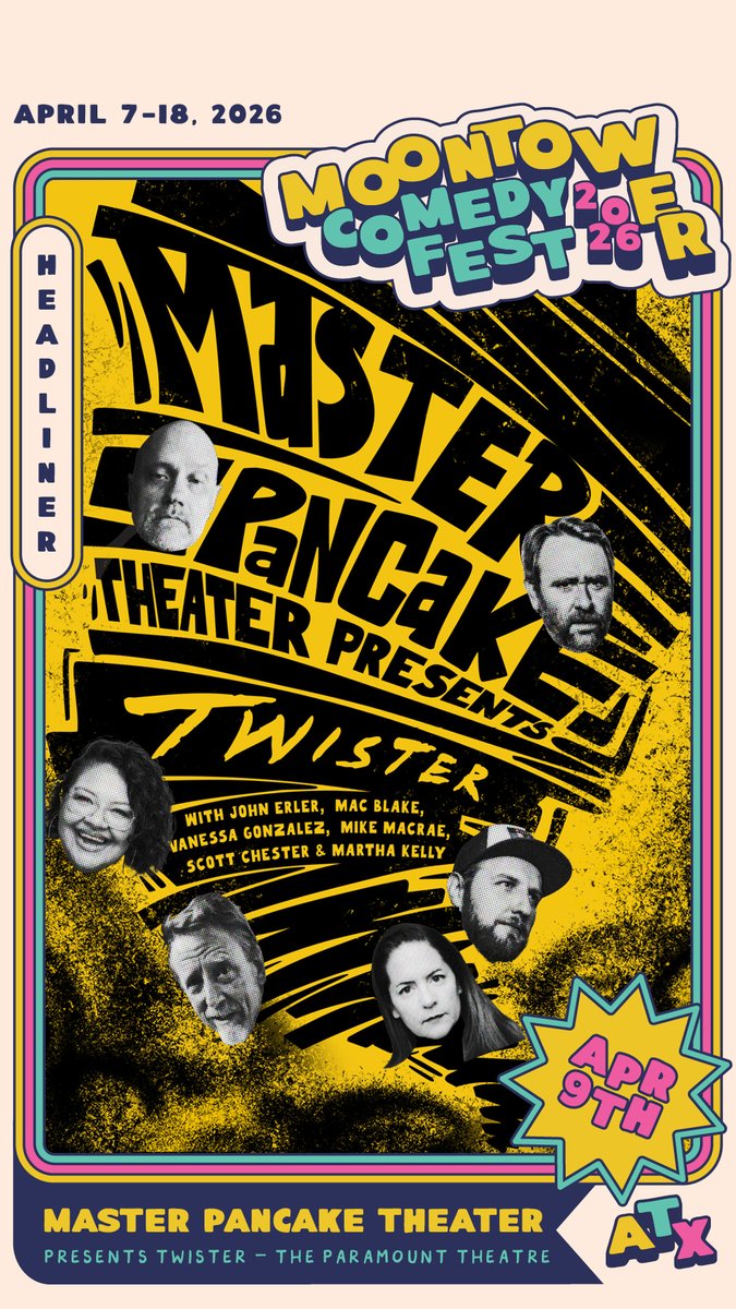 MasterPancake's tweet photo. BIG NEWS. We're riffing TWISTER at MOONTOWER at the PARAMOUNT Thu April 9. Tix go on sale Fri 3/27 but you can buy NOW if you get a Moontower Badge. https://t.co/CJ8mj0YtNH