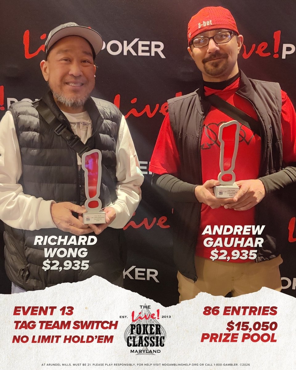 LivePokerRoom's tweet image. ♠️Classic #13: Tag Team Switch
🔥86 showed up strong for one of The Classic’s most electric events! Friends &amp;amp; family paired up for this true #fanfavorite, building a $15K+ prize pool. In the end, one duo outplayed them all: Team 3Bet-- Richard @3bet__poker &amp;amp; Andrew. 🏆 🏆