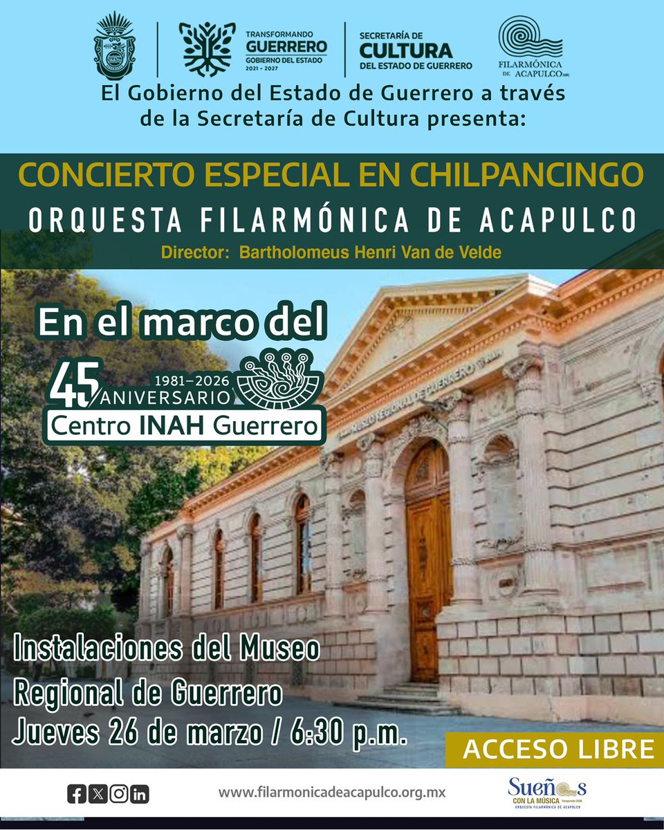 HecromHero's tweet photo. En el marco del 45 Aniversario del Centro INAH Guerrero, a través de la Secretaría de Cultura de Guerrero, presenta el #ConciertoEspecial de la #OFA, Maestro Bartholomeus-henri Van De Velde

🎉Acceso gratuito

#OFA #PatrimonioCulturalDeGuerrero
#TransformandoLaCultura https://t.co/Yfdyg7stNU