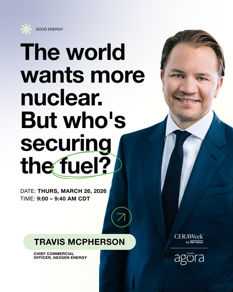 NexGenEnergy_'s tweet image. At @CERAWeek 2026, join #NexGen at the Innovation Agora POD for a timely conversation on one of the biggest questions facing nuclear energy today: do we have the fuel to power what comes next?

As nuclear leads the next generation of global energy supply—driven by AI data center