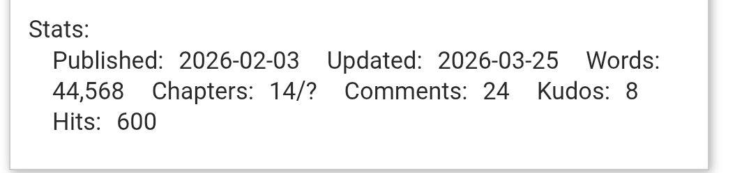 600 hits! Let's go! Every little milestones bring me joy, the idea that 600 people had read my work and 8 had enjoyed it really means a lot