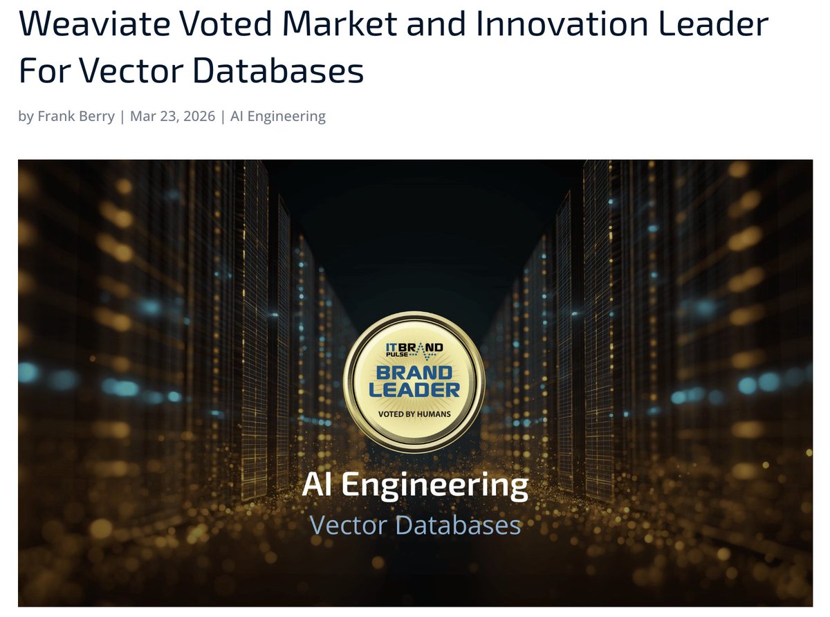 🙌 More than 200 AI developers just weighed in via IT Brand Pulse, and Weaviate swept the vector database categories!

🥇 𝗠𝗮𝗿𝗸𝗲𝘁 𝗟𝗲𝗮𝗱𝗲𝗿
🥇 𝗜𝗻𝘁𝗲𝗹𝗹𝗶𝗴𝗲𝗻𝗰𝗲 &amp; 𝗜𝗻𝗻𝗼𝘃𝗮𝘁𝗶𝗼𝗻 𝗟𝗲𝗮𝗱𝗲𝗿

🔗 Read the full breakdown here: itbrandpulse.com/wp-content/upl…