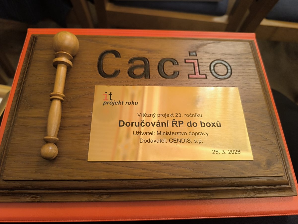 cendiscz's tweet photo. 🥇Je to v kapse! Náš projekt z Portálu dopravy – Doručování řidičských průkazů do boxů je vítězem soutěže Cacio IT projekt roku!👏🥳
A náš další projekt IS NADR získal ocenění Finalista soutěže.💪
🙂Víme, že to umíme.
👏 Děkujeme
#JednoduseToFunguje #CENDIS https://t.co/YrOKjKFHTl