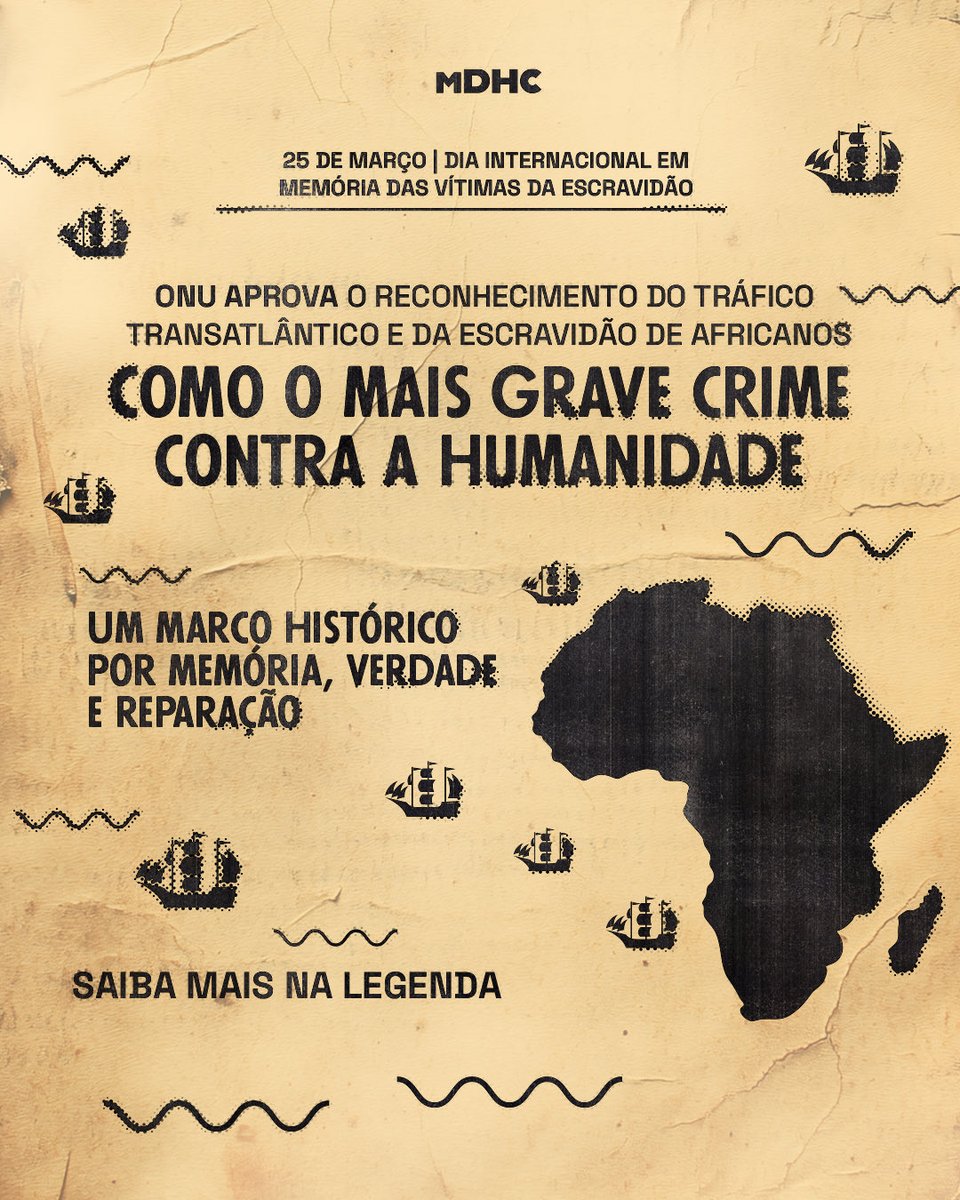 ✊🏿 Hoje, Dia Internacional em Memória das Vítimas da Escravidão, a Assembleia Geral da ONU aprovou um tema de profunda relevância histórica e social: o reconhecimento do tráfico transatlântico de africanos e da escravidão como crime contra a humanidade.