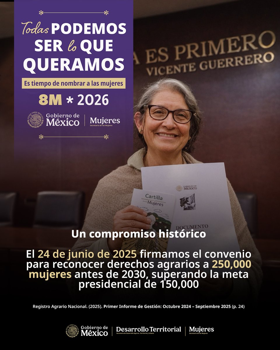 RAN_Nacional's tweet image. Un convenio firmado y una promesa que va más allá de la meta porque reconocer los derechos agrarios de 250,000 mujeres antes de 2030 no es el límite sino el punto de partida. En México, es tiempo de nombrar a las mujeres. #SerLoQueQueramos #ConA #8M2026