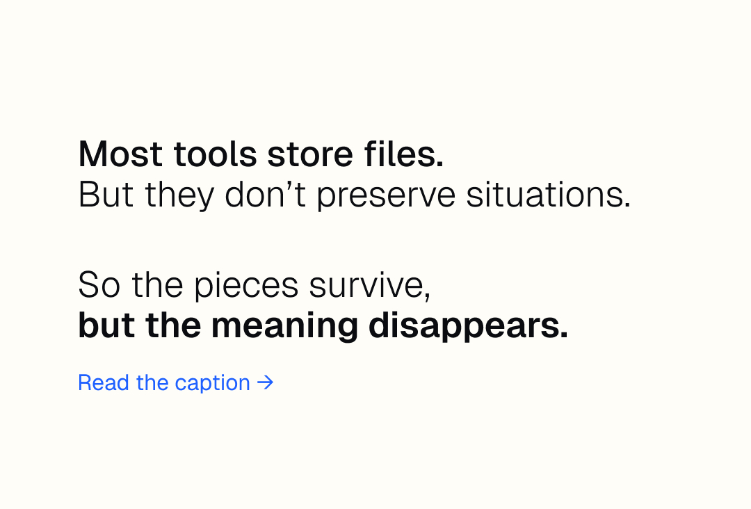 OrganyzPCM's tweet photo. Most tools store files.
They don’t preserve situations.

So the pieces survive.
The meaning disappears.

#PKM #DigitalMemory #KnowledgeWork #Organyz https://t.co/x2LSbb8LKv