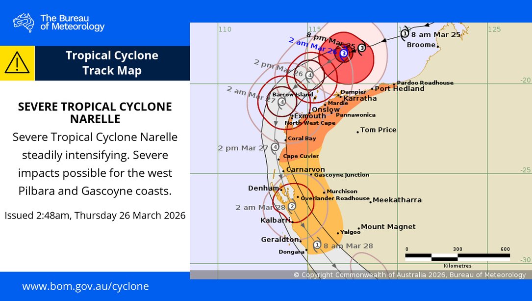 BOM_WA's tweet photo. ⚠️🌀Severe Tropical #CycloneNarelle intensifying. Severe impacts possible #Pilbara & #Gascoyne coasts.
Warning zone:
#PardooRoadhouse to #CapeCuvier, and inland to #Pannawonica.
Watch zone:
South of Cape Cuvier to #Dongara, and inland to #GascoyneJunction.
https://t.co/XnpJisSGt8 https://t.co/OFghJbBeXQ