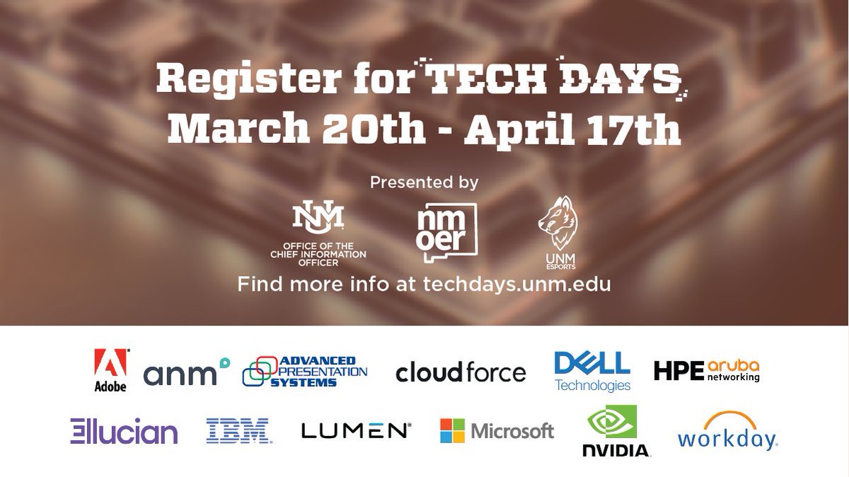 UNM_IT's tweet photo. Register at https://t.co/nPROEb0izM before 4/17 for Tech Days 2026!  Participate in no-cost sessions, discussions, and hands-on demos of current and future technological innovations at the University! All sessions held at the UNM Student Union Building. https://t.co/azq1j8Qtx6