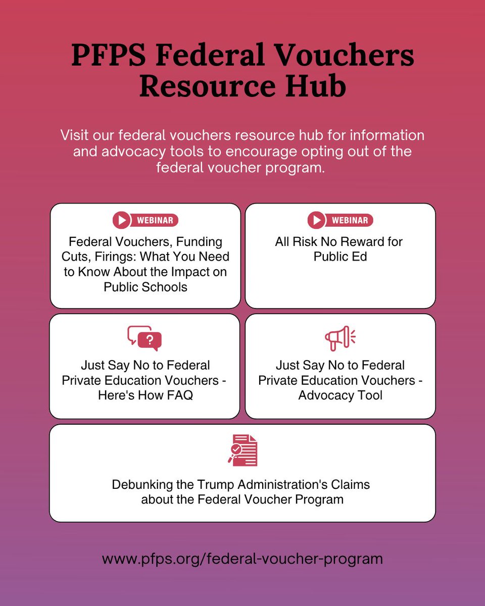 Visit the <a href="/pfpsorg/">Public Funds Public Schools</a> website for more info, advocacy tools, and resources about the federal voucher program, how it works, its potential harms, and why state leaders should opt out. pfps.org/federal-vouche…