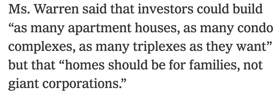 reedschwartzsf's tweet photo. The Warren team seems to believe both that 1. investors are harming tenants by building new rental stock and 2. this is fine so long as the buildings are apartments https://t.co/txtuxWjupJ