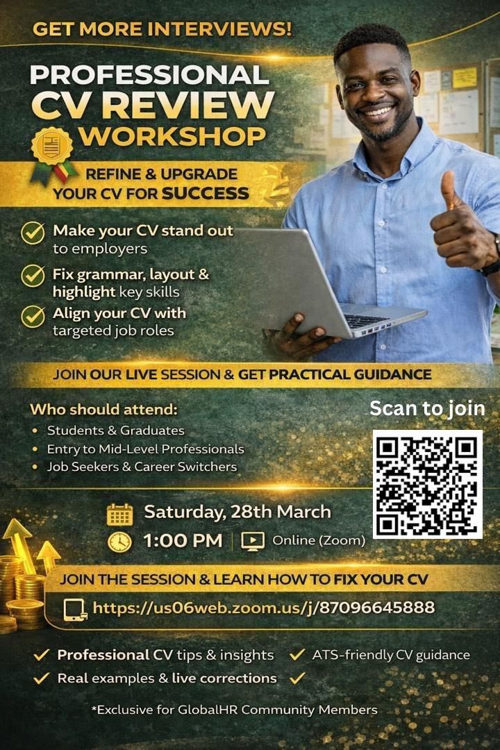 GlobalHR_'s tweet photo. 📢 GlobalHR Community Workshops

Ready to take your career to the next level? Join our *FREE* upcoming session on CV Reviewing as the first in our SERIES designed to equip you with the right tools for success.
Join the community here: https://t.co/iBYt8MCYPP https://t.co/SGf2aeQLSw