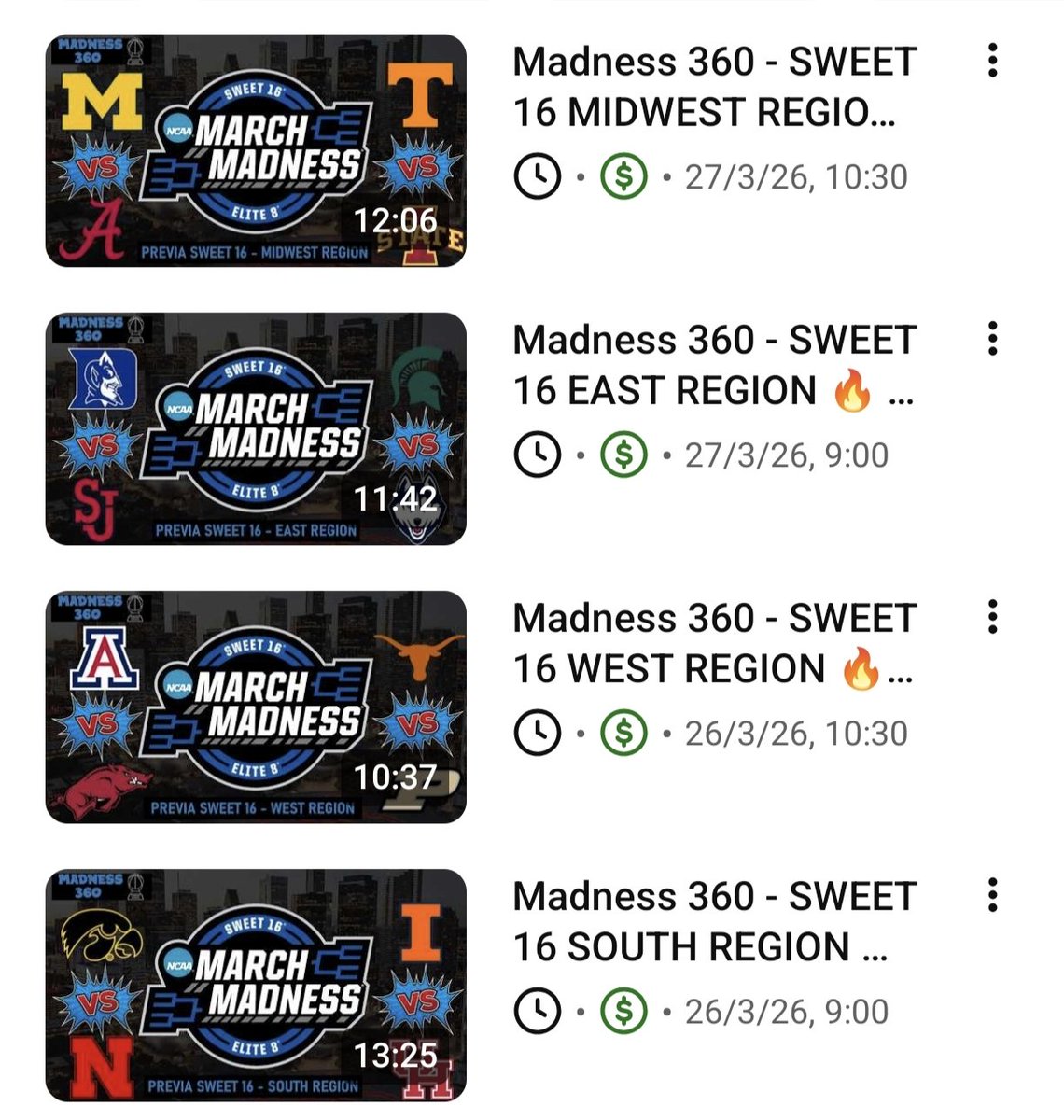 Ya están subidas TODAS las previas del Sweet 16 🔥🏀

Midwest, East, West y South… todo listo para que no te pierdas absolutamente nada del March Madness.

Contenido exclusivo para donnors 💸
Nos vemos en la locura 😈 #MarchMadness