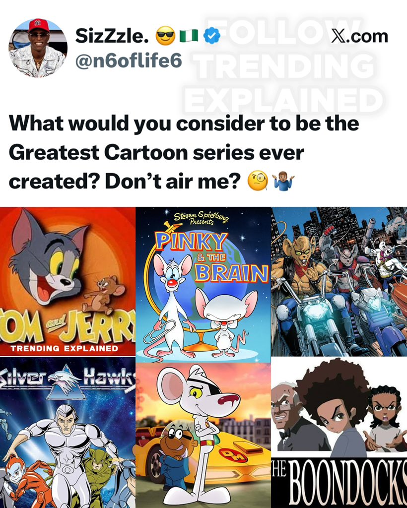 TrendingEx's tweet photo. Tom and Jerry is trending because Media Personality N6, asked tweeps to name the Greatest Cartoon Series ever.

William Hanna and Joseph Barbera’s Tom and Jerry was the popular choice.

Boondocks, Biker Mouse, Danger Mouse, Shrek, Aladin 90, Voltron, Avatar, TMNT, Silverhawks all made the list..

Enjoy the third frame!

Follow @TrendingEx for dailies..