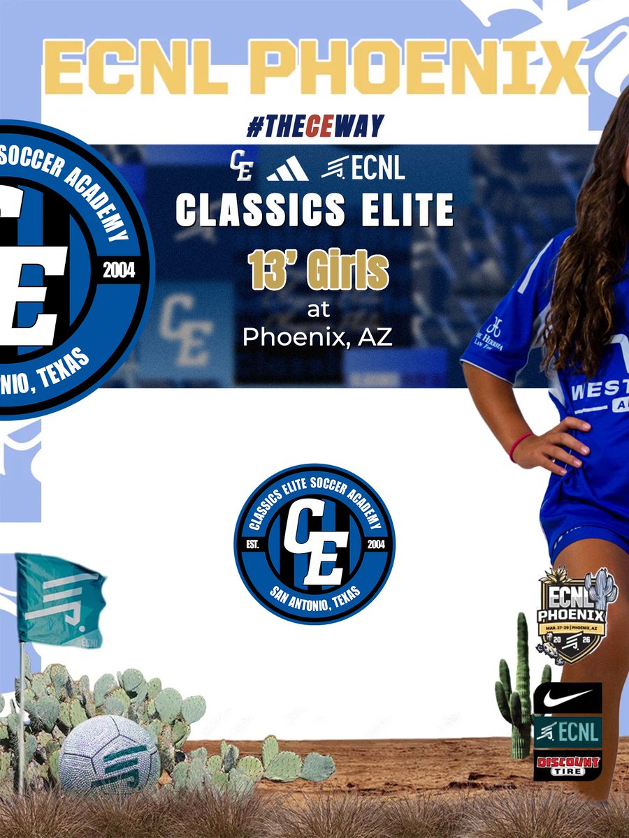 ClassicsEliteSA's tweet photo. Phoenix bound! ⚽️
Our CE ECNL 13G is headed to the ECNL PHX National Event this weekend for three big matchups.
📲 Swipe for the full schedule
Let’s go CE! 💪
📍 Phoenix, AZ
📅 Mar 27–29
🔵⚫️
#theCEway #ECNLPHX #ClassicsElite https://t.co/aBO6bAblPm