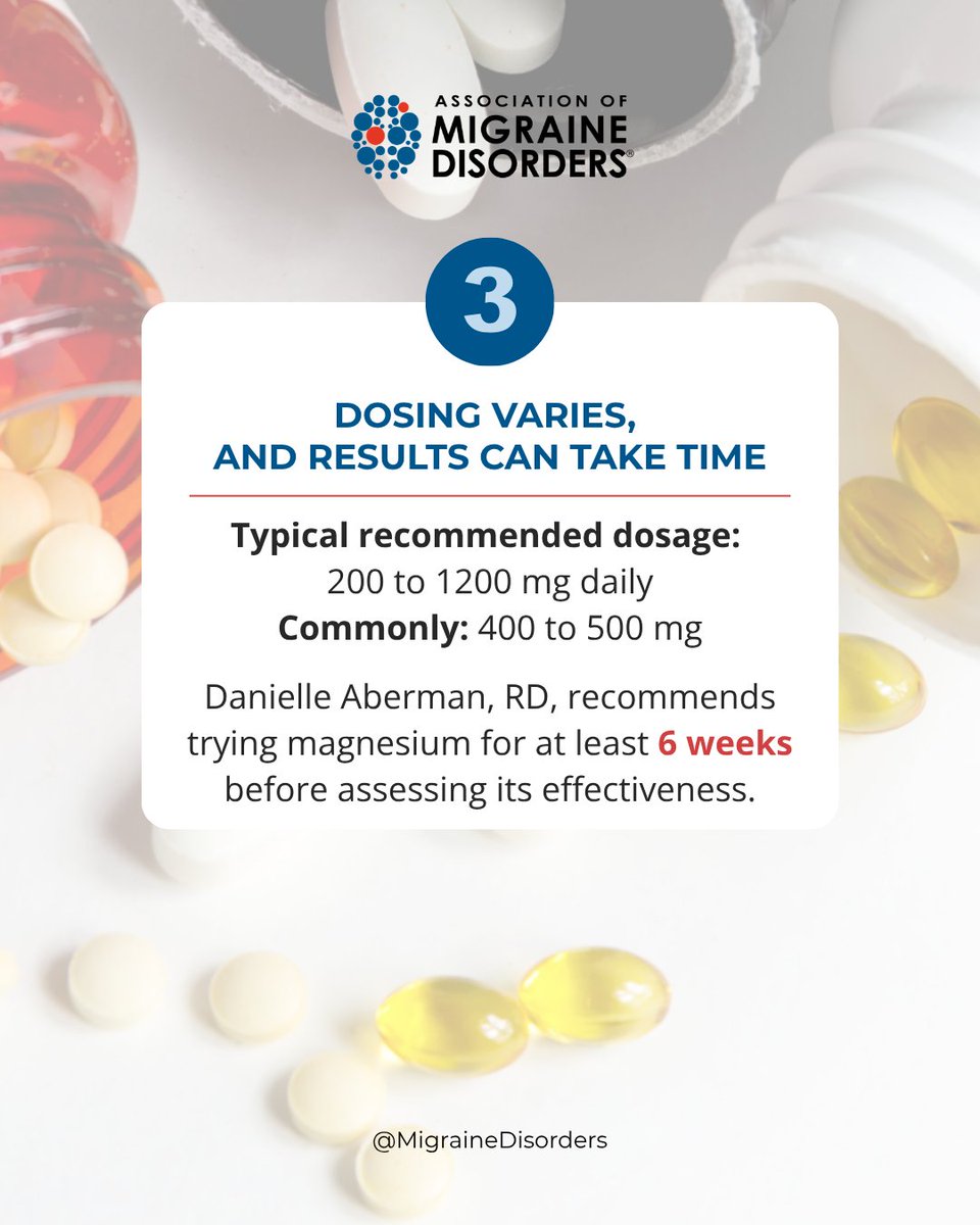 MigraineDisordr's tweet photo. If your doctor told you to take magnesium but didn't say much else, this one is for you!💙

Magnesium is one of the most well-studied supplements used for the prevention of migraine disease. But not all magnesium is the same, and there is a lot more to know before you head to the pharmacy.

Registered Dietitian Danielle Aberman breaks down five things about magnesium, including which forms are best absorbed, how long to give it before deciding it is not working, and MORE!

Swipe through for the full breakdown, then listen to the complete conversation with Danielle Aberman, RD, on the Spotlight on Migraine podcast.

As always, talk with your healthcare provider before starting any new supplement.

https://t.co/Ugn3NXVqpS