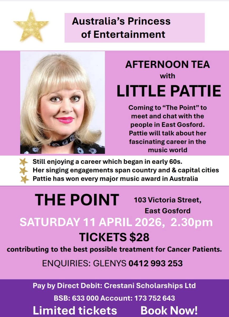 LittlePattieAu's tweet photo. Afternoon tea with Little Pattie on 11th April at The Point, East Gosford. Come along and join us in support of cancer patients 🙂 #crestanischolarships #littlepattie #patriciaamphlett #gosfordnsw https://t.co/gR5hVgl3C2