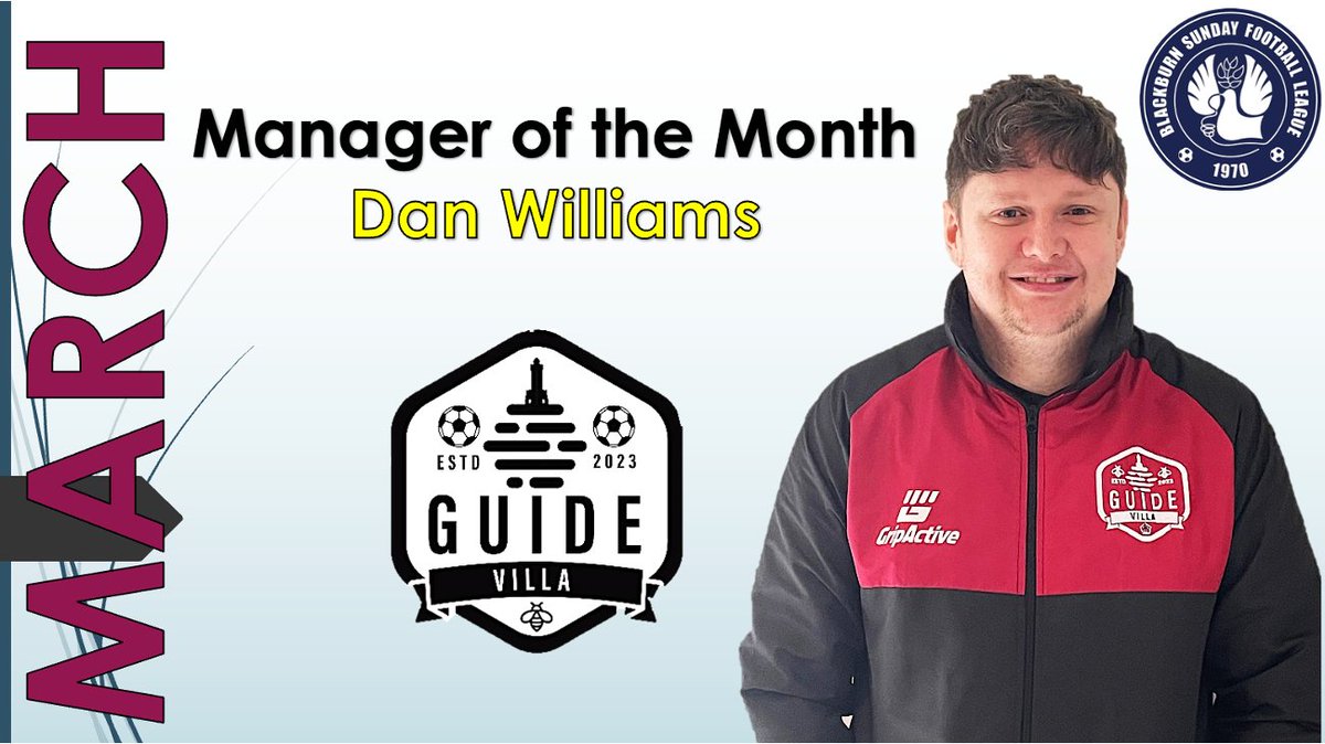 BlackburnLeague's tweet photo. By winning four games out of four, including the Tier Three Play-Off Final last Sunday, the Manager of the Month for March 2026 is @FatDadDan of @GuideVillaFC

Well done, Dan 👊 #UTV https://t.co/Ze0OOz9SPp