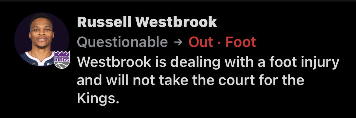 Russ is OUT for tomorrows game against the Magic

Looking like he has been shut down for the season