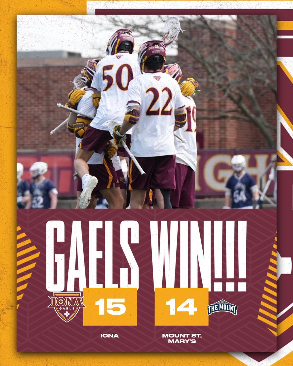 IonaMLAX's tweet photo. #GAELSWIN!!! Iona 15, Mount St. Mary’s 14

Rookie Carson Turissini nets the gamewinner with 7.3 seconds left, capping a program-record 9-point day (3G, 6A)!

Cullen Lawry and Kyle Hardie each add hat tricks in the win.

#MAACLax #GaelNation @IonaGaels https://t.co/H5nyUDn1E6