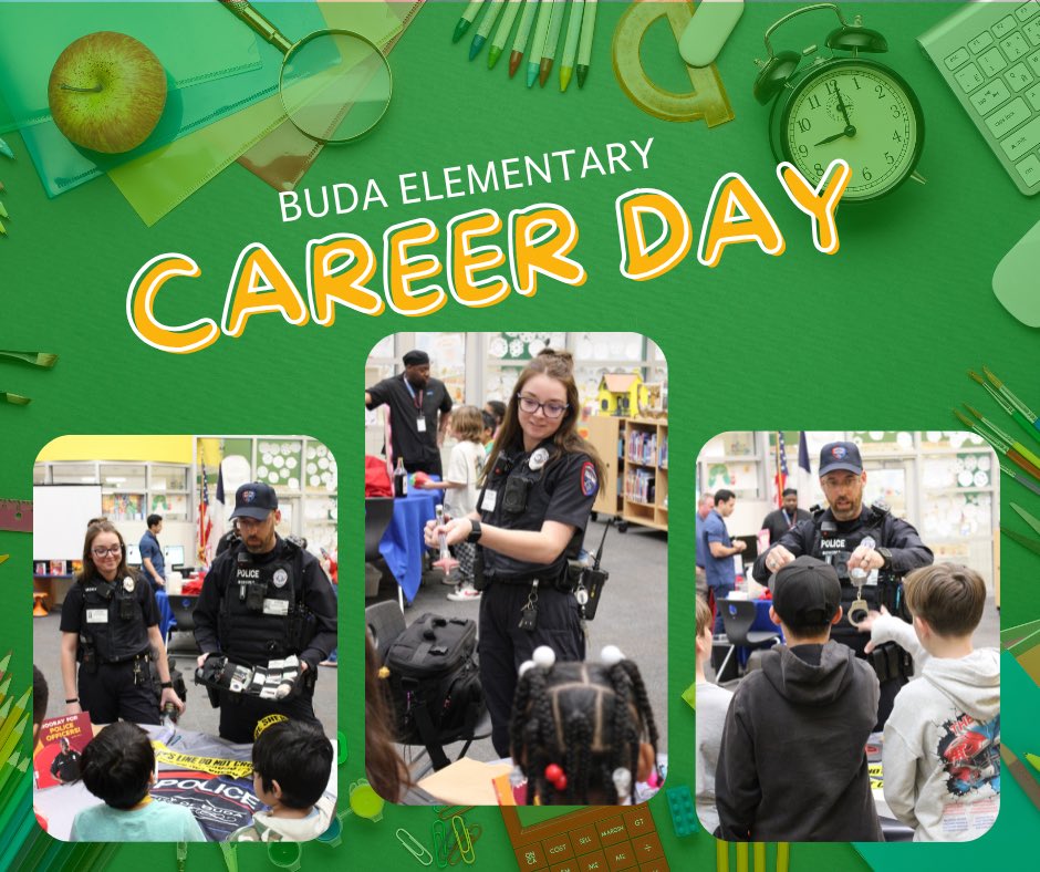Thank you to Buda Elementary for inviting us to Career Day yesterday!

🚔 Ofc. Schima showed tools he uses to catch two-legged bad guys and ACO McKibben showed tools she uses to catch two, four, and no-legged animals. 🐍